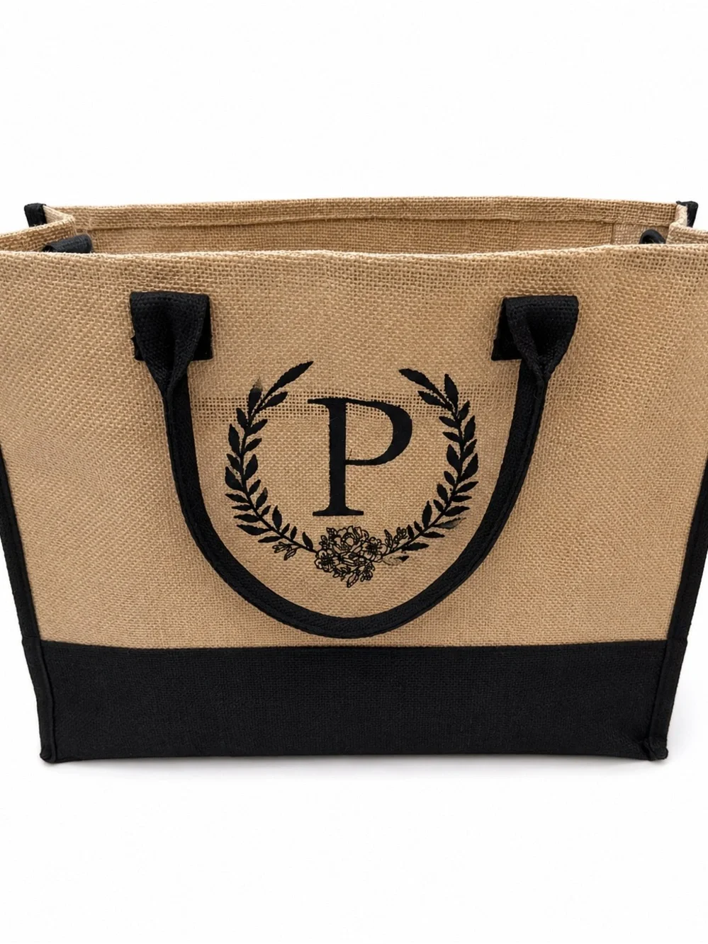 Monogram 'P' Jute Tote Bag in Natural and Black
